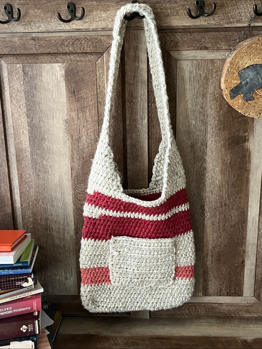 Handcrafted Cream and Red Crochet Shoulder Bag